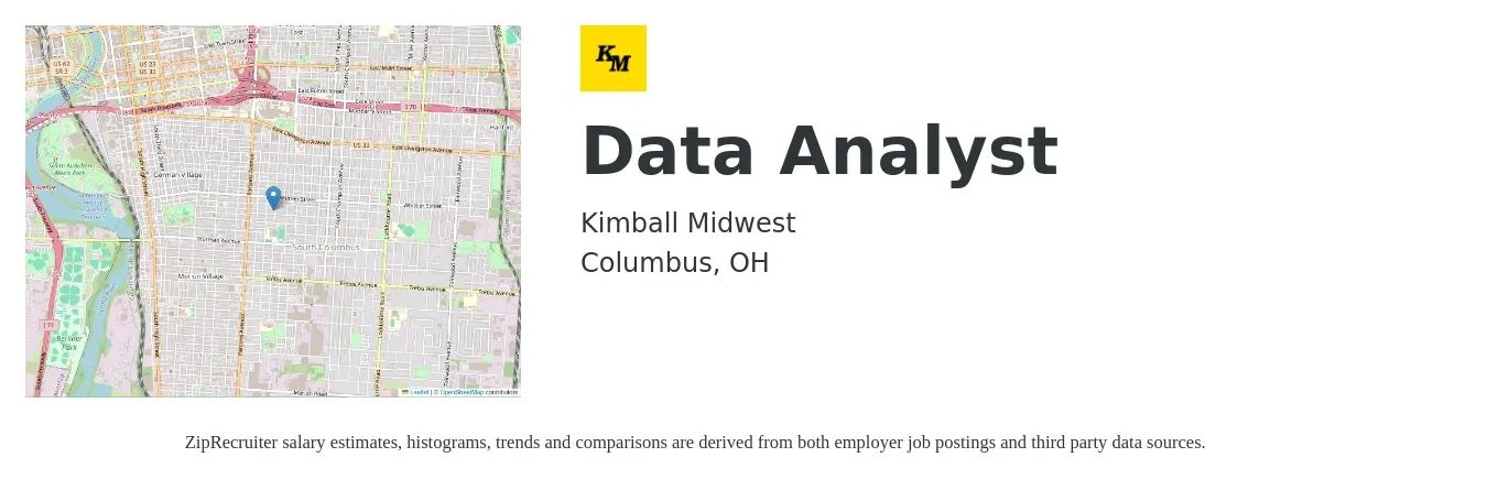 Kimball Midwest job posting for a Data Analyst in Columbus, OH with a salary of $60,400 to $93,700 Yearly with a map of Columbus location.