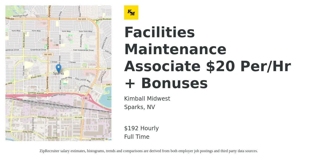 Kimball Midwest job posting for a Facilities Maintenance Associate $20 Per/Hr + Bonuses in Sparks, NV with a salary of $20 Yearly with a map of Sparks location.