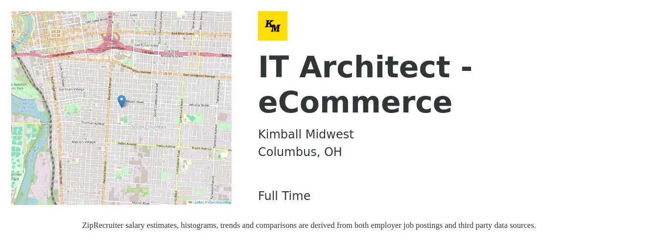 Kimball Midwest job posting for a IT Architect - eCommerce in Columbus, OH with a salary of $145,400 to $169,000 Yearly with a map of Columbus location.
