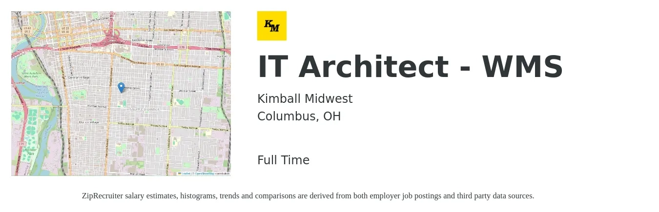 Kimball Midwest job posting for a IT Architect - WMS in Columbus, OH with a salary of $103,400 to $159,900 Yearly with a map of Columbus location.