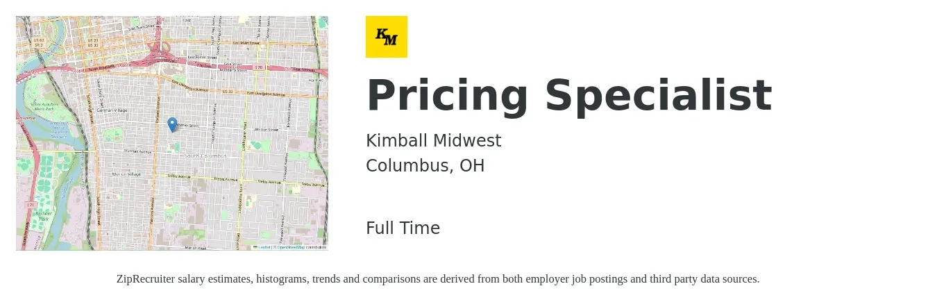 Kimball Midwest job posting for a Pricing Specialist in Columbus, OH with a salary of $19 to $33 Hourly with a map of Columbus location.