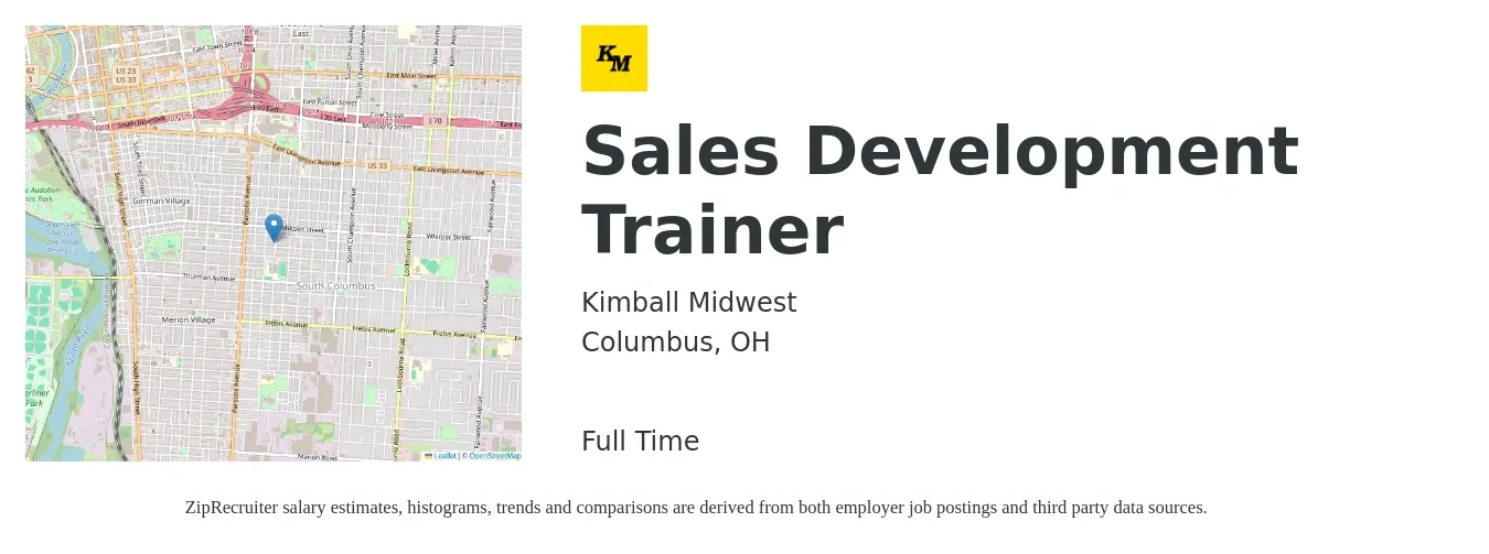 Kimball Midwest job posting for a Sales Development Trainer in Columbus, OH with a salary of $48,300 to $77,300 Yearly with a map of Columbus location.
