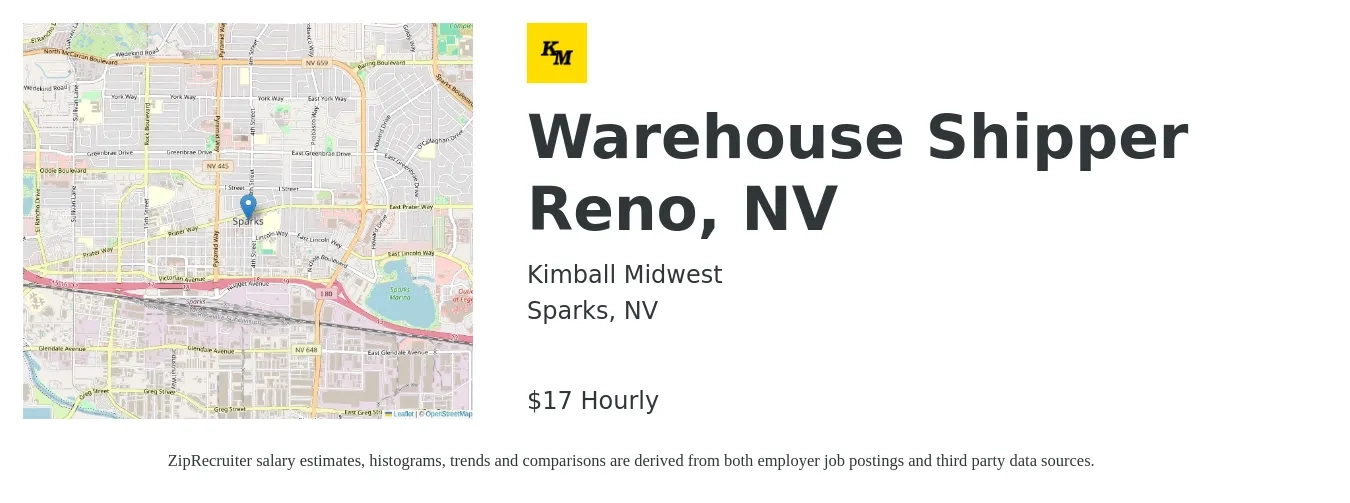 Kimball Midwest job posting for a Warehouse Shipper Reno, NV in Sparks, NV with a salary of $18 Hourly with a map of Sparks location.