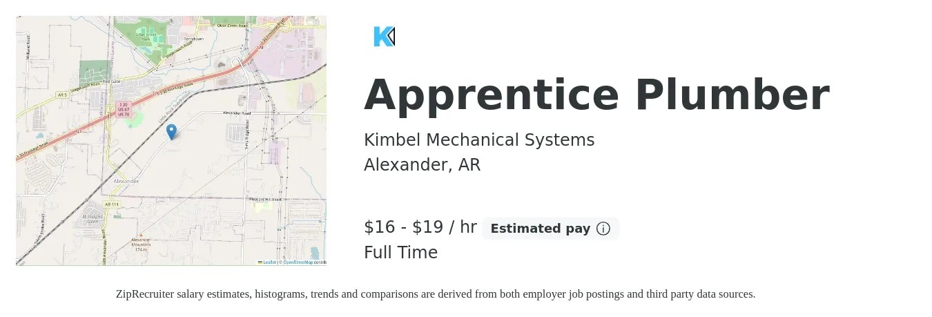 Kimbel Mechanical Systems job posting for a Apprentice Plumber in Alexander, AR with a salary of $17 to $20 Hourly with a map of Alexander location.