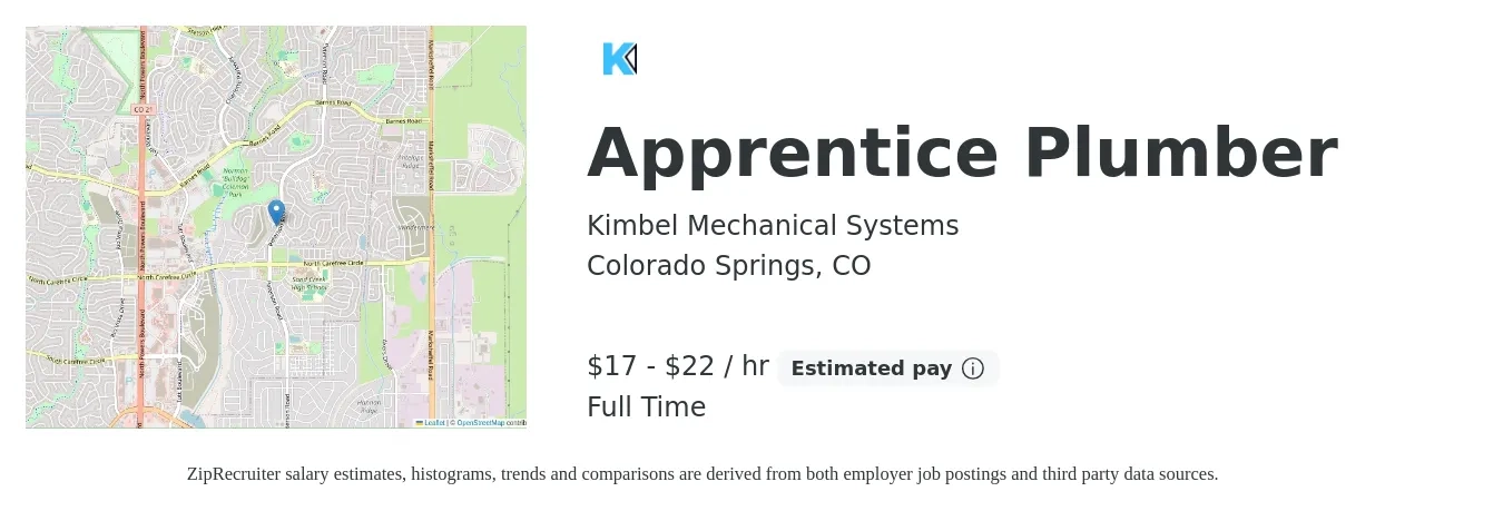 Kimbel Mechanical Systems job posting for a Apprentice Plumber in Colorado Springs, CO with a salary of $18 to $23 Hourly with a map of Colorado Springs location.