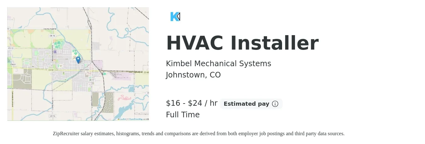 Kimbel Mechanical Systems job posting for a HVAC Installer in Johnstown, CO with a salary of $17 to $25 Hourly with a map of Johnstown location.