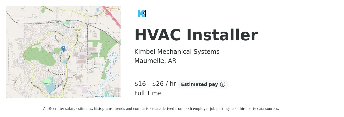 Kimbel Mechanical Systems job posting for a HVAC Installer in Maumelle, AR with a salary of $18 to $28 Hourly with a map of Maumelle location.