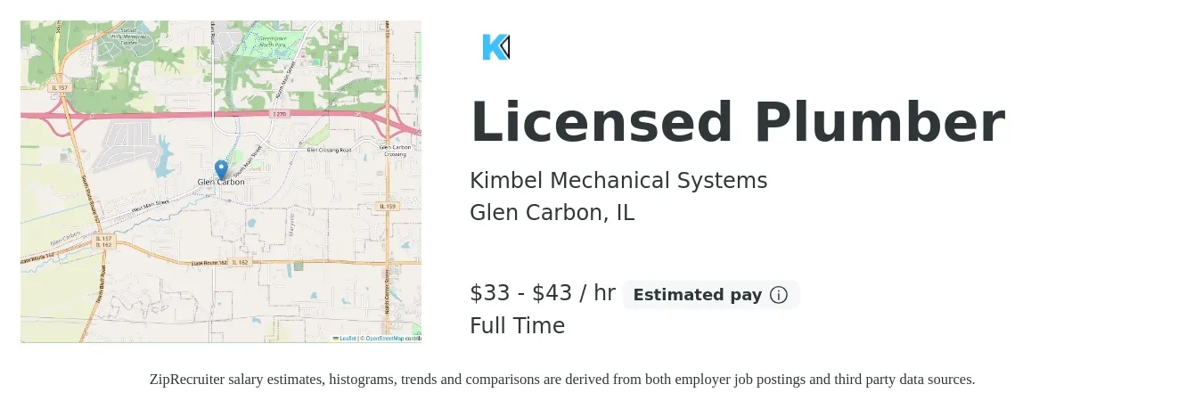 Kimbel Mechanical Systems job posting for a Licensed Plumber in Glen Carbon, IL with a salary of $35 to $40 Hourly with a map of Glen Carbon location.