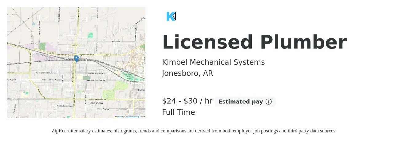 Kimbel Mechanical Systems job posting for a Licensed Plumber in Jonesboro, AR with a salary of $25 to $32 Hourly with a map of Jonesboro location.