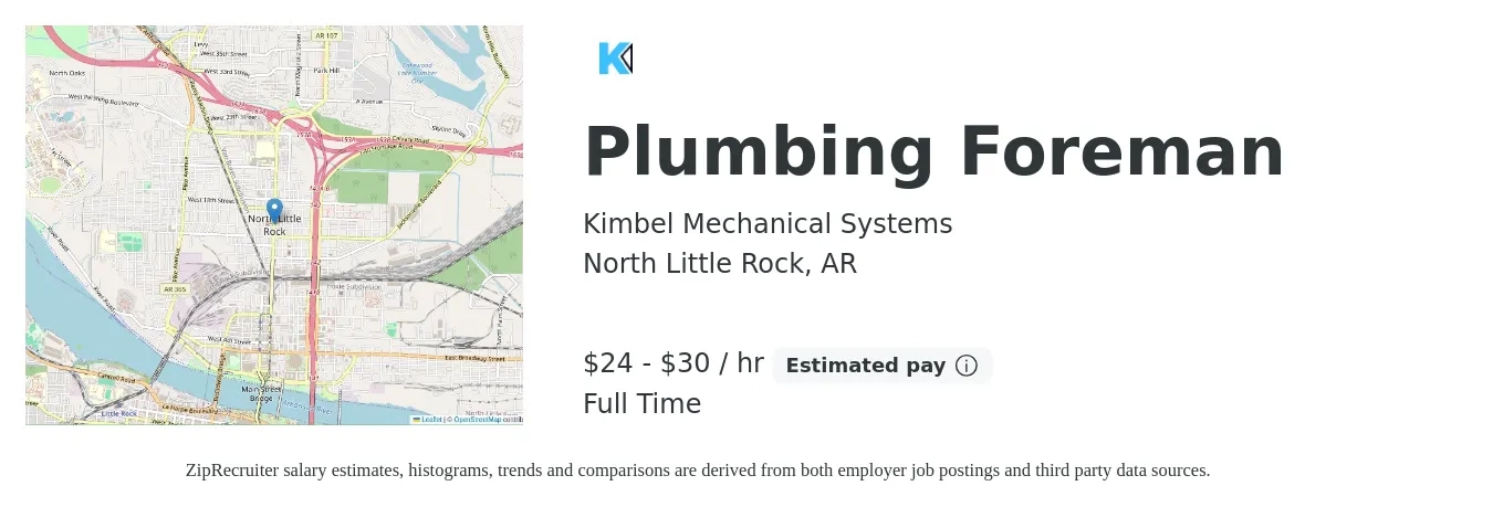 Kimbel Mechanical Systems job posting for a Plumbing Foreman in North Little Rock, AR with a salary of $25 to $32 Hourly with a map of North Little Rock location.