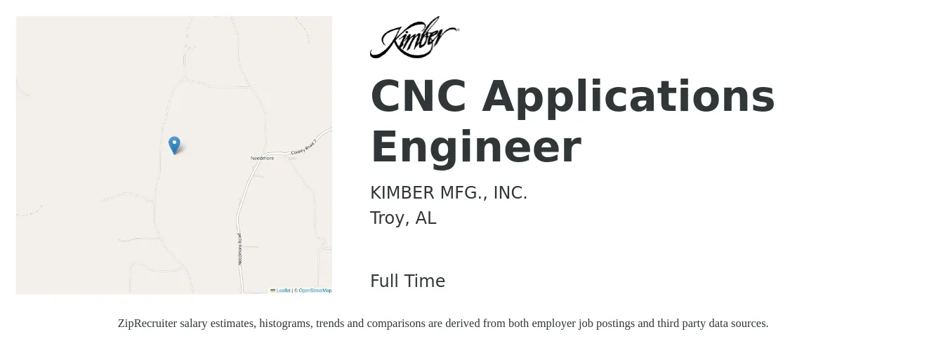 KIMBER MFG., INC. job posting for a CNC Applications Engineer in Troy, AL with a salary of $63,300 to $86,500 Yearly with a map of Troy location.