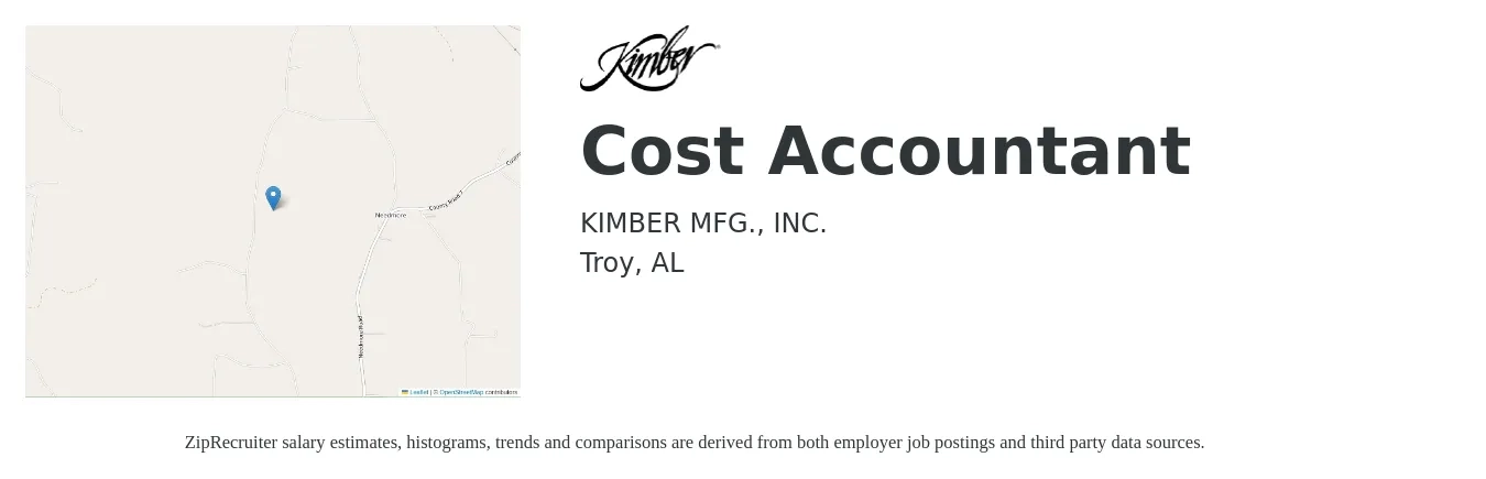 KIMBER MFG., INC. job posting for a Cost Accountant in Troy, AL with a salary of $60,900 to $81,400 Yearly with a map of Troy location.