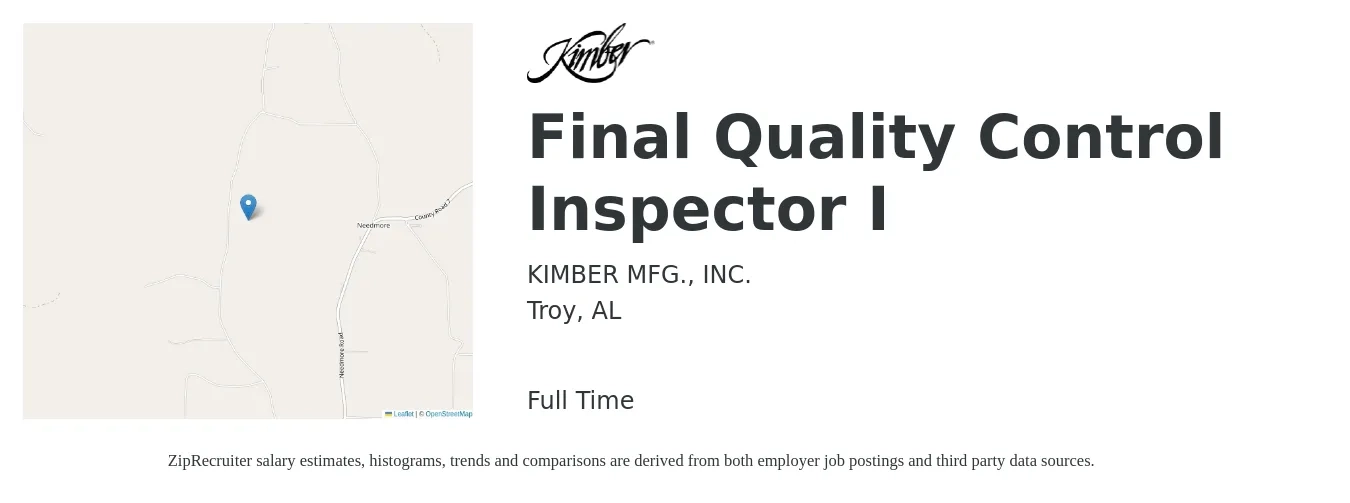 KIMBER MFG., INC. job posting for a Final Quality Control Inspector I in Troy, AL with a salary of $17 to $23 Hourly with a map of Troy location.