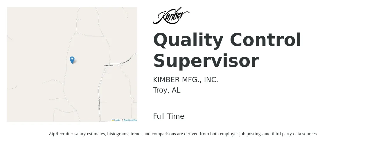 KIMBER MFG., INC. job posting for a Quality Control Supervisor in Troy, AL with a salary of $56,300 to $93,000 Yearly with a map of Troy location.