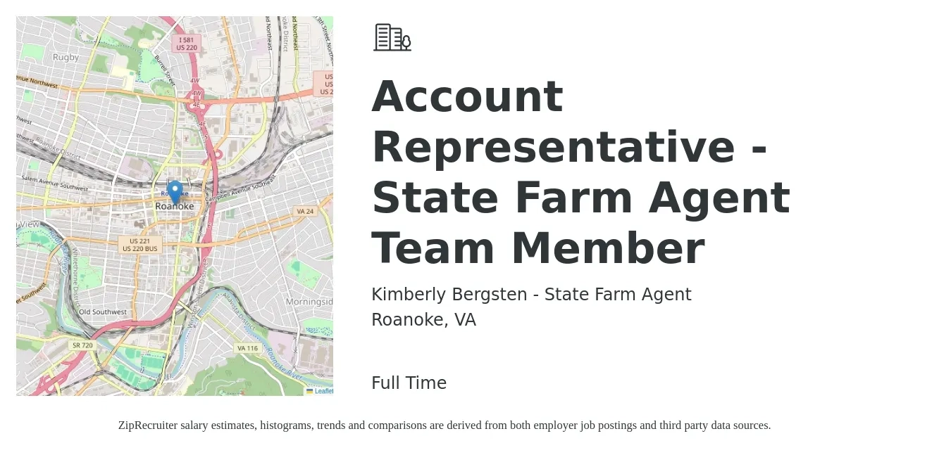 Kimberly Bergsten - State Farm Agent job posting for a Account Representative - State Farm Agent Team Member in Roanoke, VA with a salary of $34,300 to $47,100 Yearly with a map of Roanoke location.