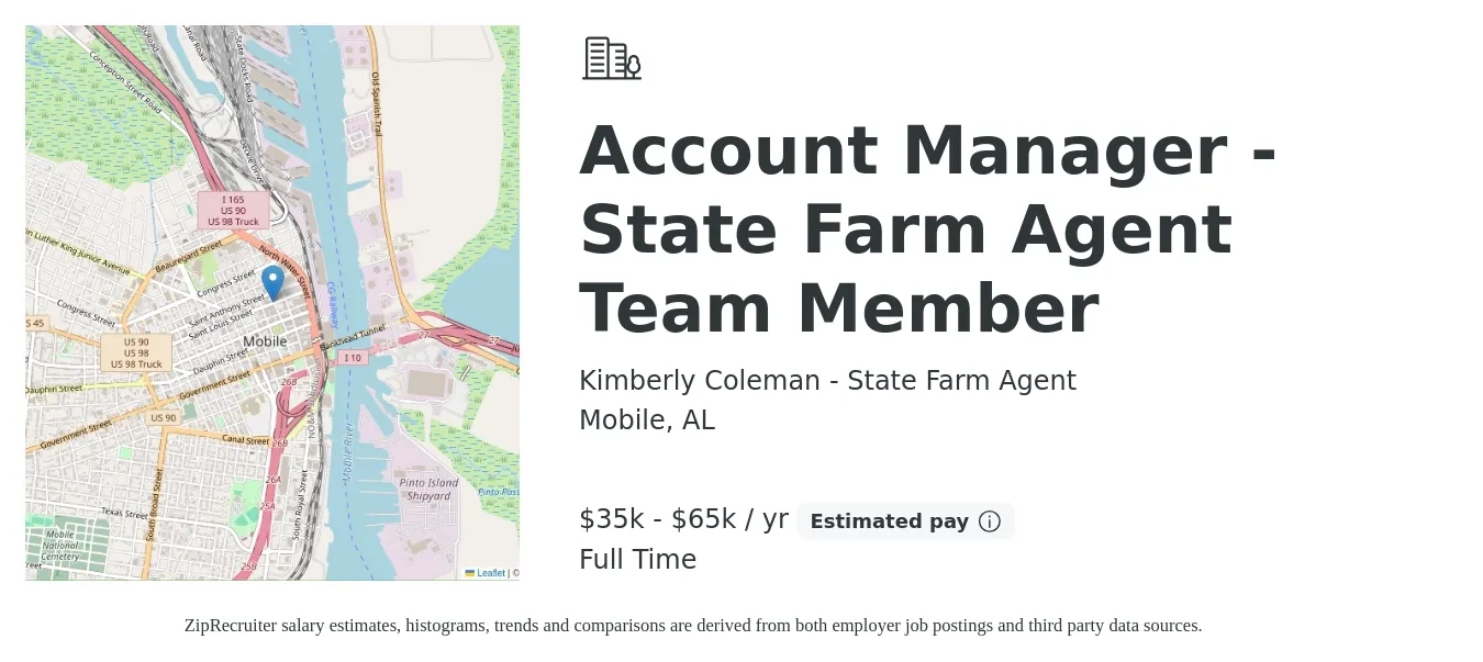 Kimberly Coleman - State Farm Agent job posting for a Account Manager - State Farm Agent Team Member in Mobile, AL with a salary of $35,000 to $65,000 Yearly with a map of Mobile location.