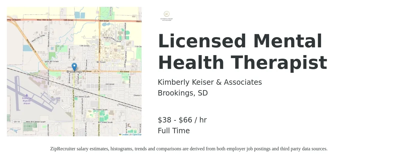 Kimberly Keiser & Associates job posting for a Licensed Mental Health Therapist in Brookings, SD with a salary of $40 to $69 Hourly with a map of Brookings location.