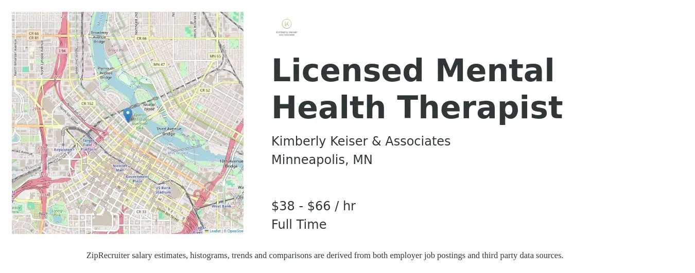 Kimberly Keiser & Associates job posting for a Licensed Mental Health Therapist in Minneapolis, MN with a salary of $40 to $69 Hourly with a map of Minneapolis location.