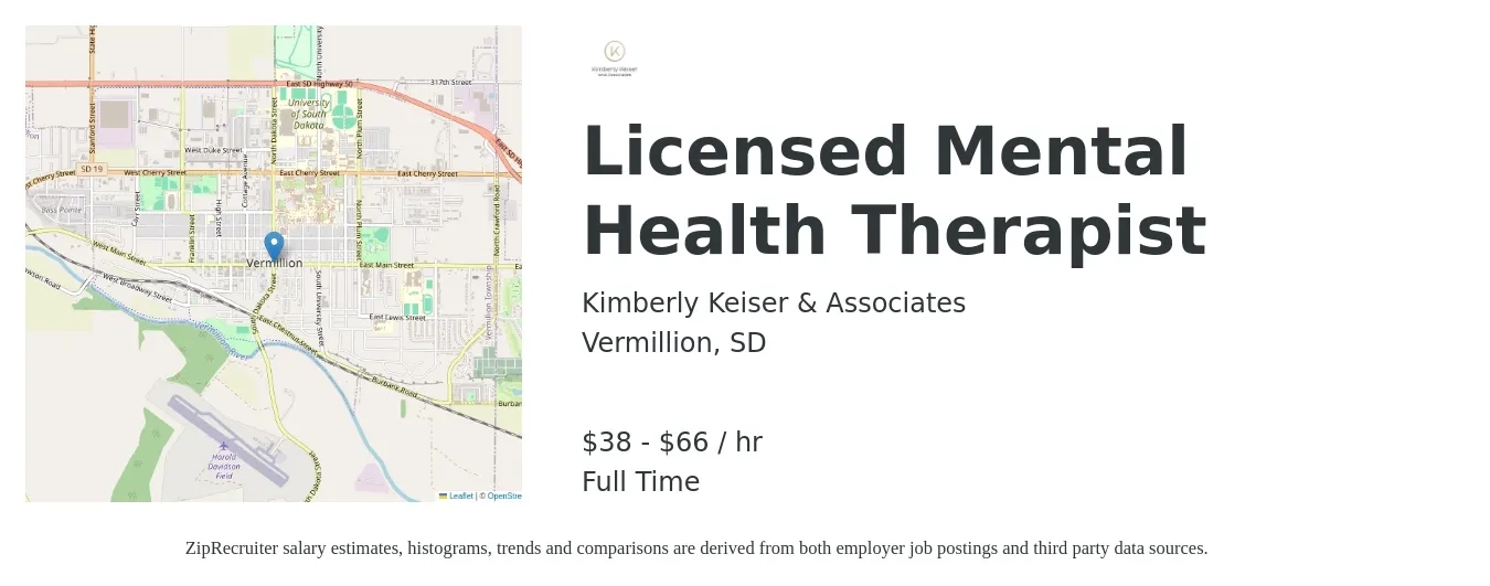 Kimberly Keiser & Associates job posting for a Licensed Mental Health Therapist in Vermillion, SD with a salary of $40 to $69 Hourly with a map of Vermillion location.