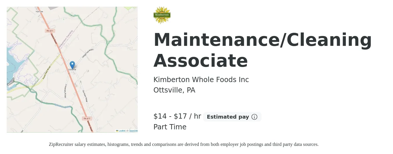 Kimberton Whole Foods Inc job posting for a Maintenance/Cleaning Associate in Ottsville, PA with a salary of $15 to $18 Hourly with a map of Ottsville location.