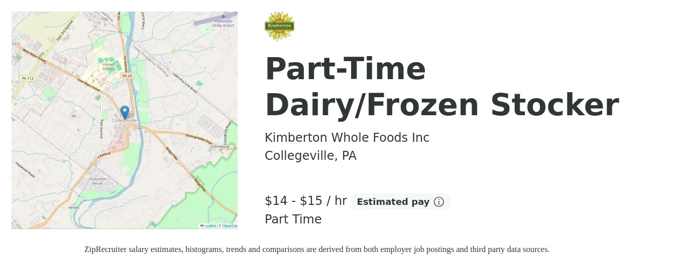 Kimberton Whole Foods Inc job posting for a Part-Time Dairy/Frozen Stocker in Collegeville, PA with a salary of $15 to $16 Hourly with a map of Collegeville location.
