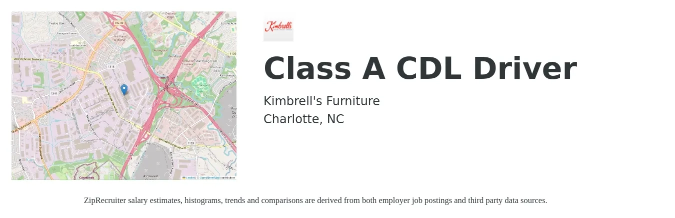 Kimbrell's Furniture job posting for a Class A CDL Driver in Charlotte, NC with a salary of $20 to $23 Hourly with a map of Charlotte location.