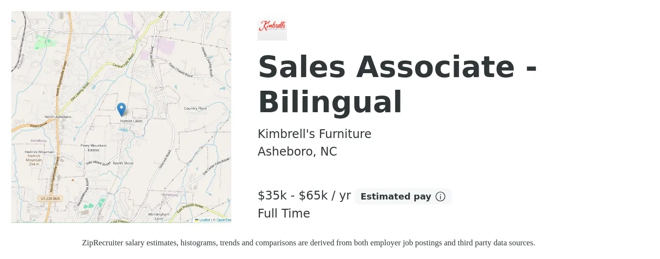 Kimbrell's Furniture job posting for a Sales Associate - Bilingual in Asheboro, NC with a salary of $35,000 to $65,000 Yearly with a map of Asheboro location.