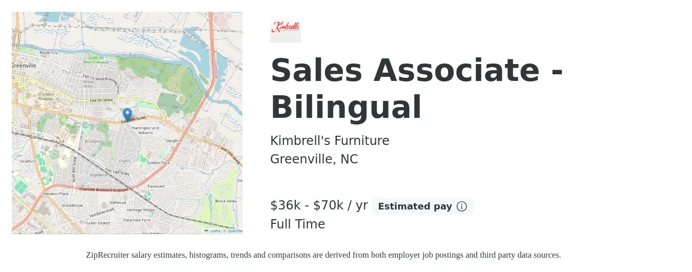 Kimbrell's Furniture job posting for a Sales Associate - Bilingual in Greenville, NC with a salary of $36,000 to $70,000 Yearly with a map of Greenville location.