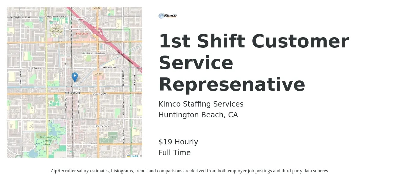 Kimco Staffing Services job posting for a 1st Shift Customer Service Represenative in Huntington Beach, CA with a salary of $20 Hourly with a map of Huntington Beach location.