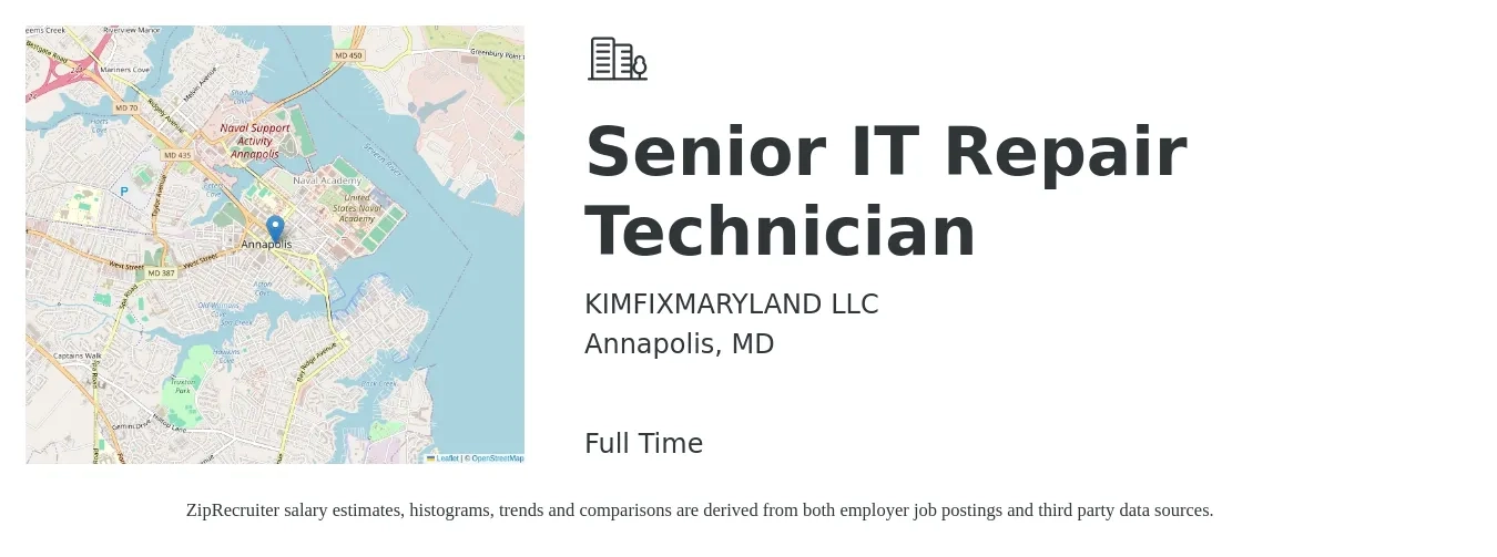 KIMFIXMARYLAND LLC job posting for a Senior IT Repair Technician in Annapolis, MD with a salary of $18 to $25 Hourly with a map of Annapolis location.