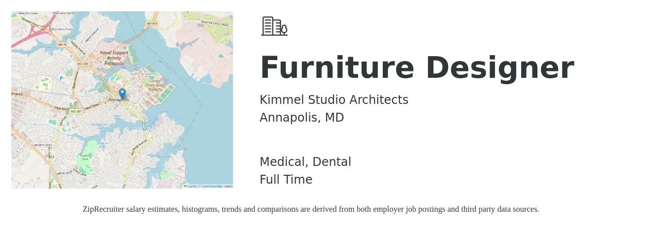 Kimmel Studio Architects job posting for a Furniture Designer in Annapolis, MD with a salary of $48,500 to $63,800 Yearly and benefits including dental, medical, and retirement with a map of Annapolis location.