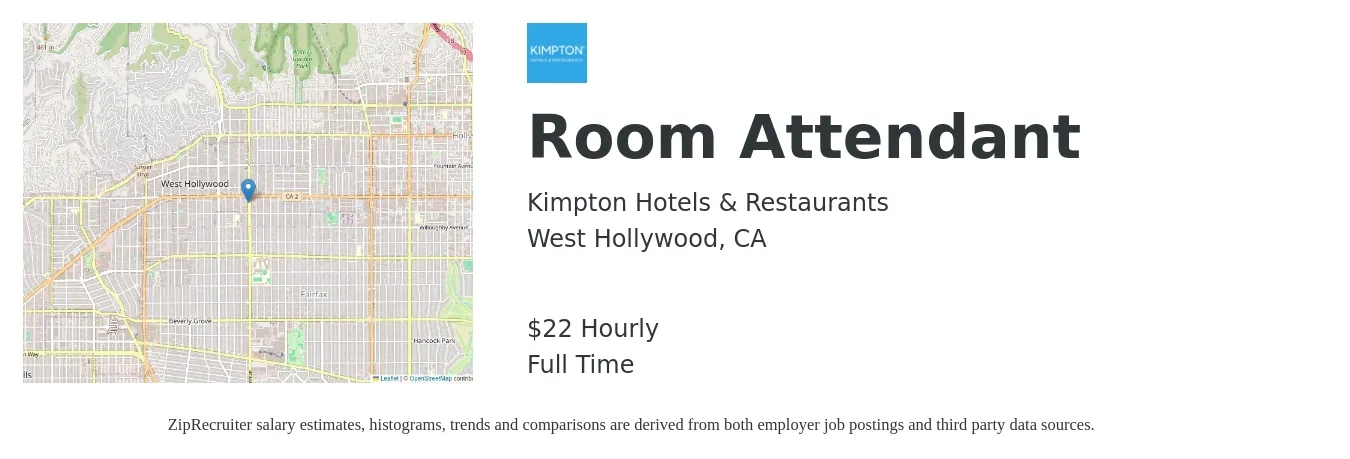 Kimpton Hotels & Restaurants job posting for a Room Attendant in West Hollywood, CA with a salary of $23 Hourly with a map of West Hollywood location.