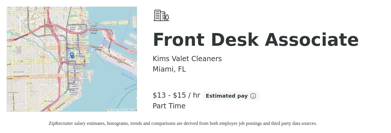 Kims Valet Cleaners job posting for a Front Desk Associate in Miami, FL with a salary of $14 to $16 Hourly with a map of Miami location.