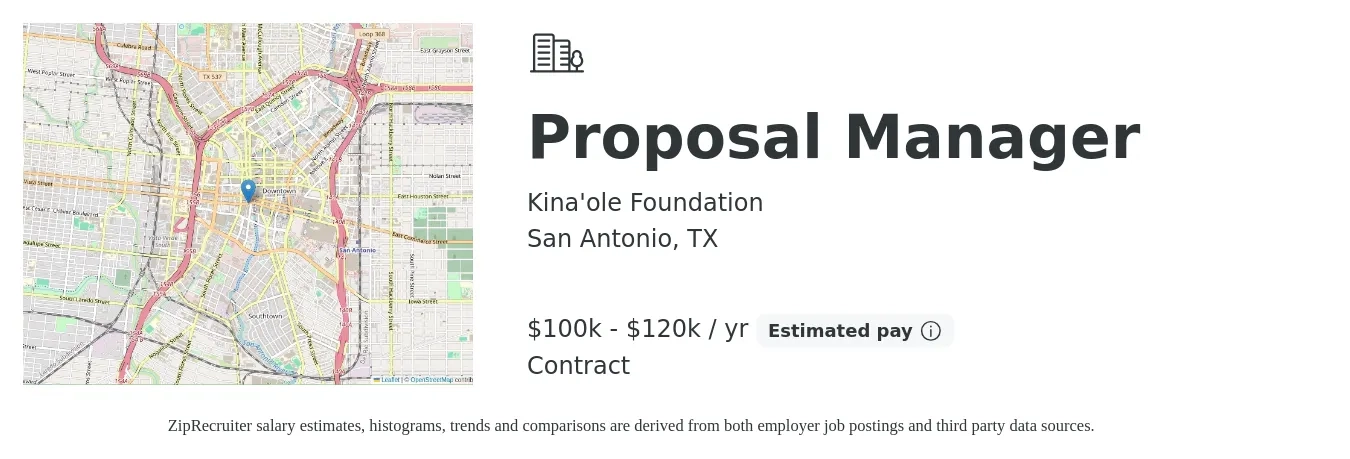 Kina'ole Foundation job posting for a Proposal Manager in San Antonio, TX with a salary of $100,000 to $120,000 Yearly with a map of San Antonio location.