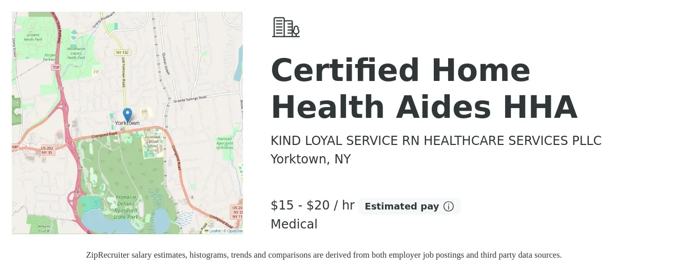 KIND LOYAL SERVICE RN HEALTHCARE SERVICES PLLC job posting for a Certified Home Health Aides HHA in Yorktown, NY with a salary of $16 to $21 Hourly and benefits including retirement, and medical with a map of Yorktown location.