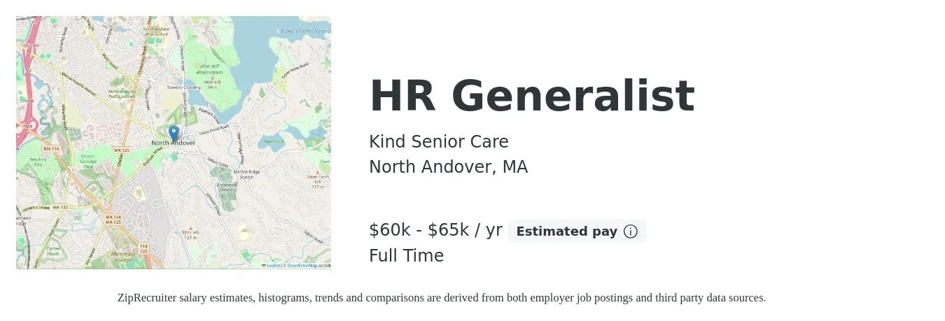 Kind Senior Care job posting for a HR Generalist in North Andover, MA with a salary of $60,000 to $65,000 Yearly with a map of North Andover location.