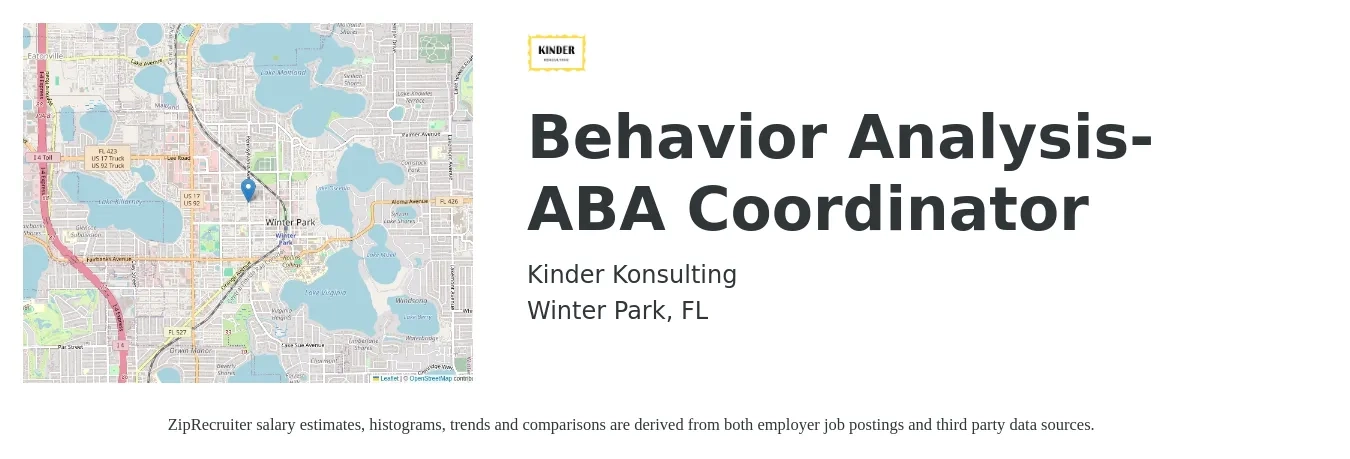 Kinder Konsulting job posting for a Behavior Analysis- ABA Coordinator in Winter Park, FL with a salary of $18 to $25 Hourly with a map of Winter Park location.