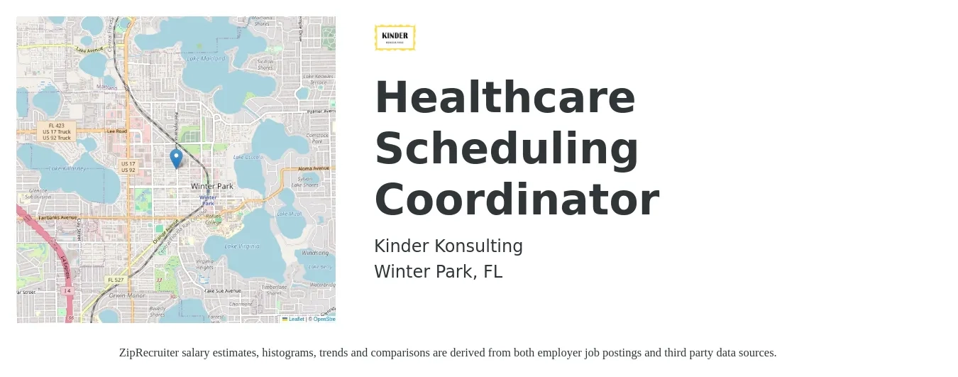 Kinder Konsulting job posting for a Healthcare Scheduling Coordinator in Winter Park, FL with a salary of $17 to $22 Hourly with a map of Winter Park location.