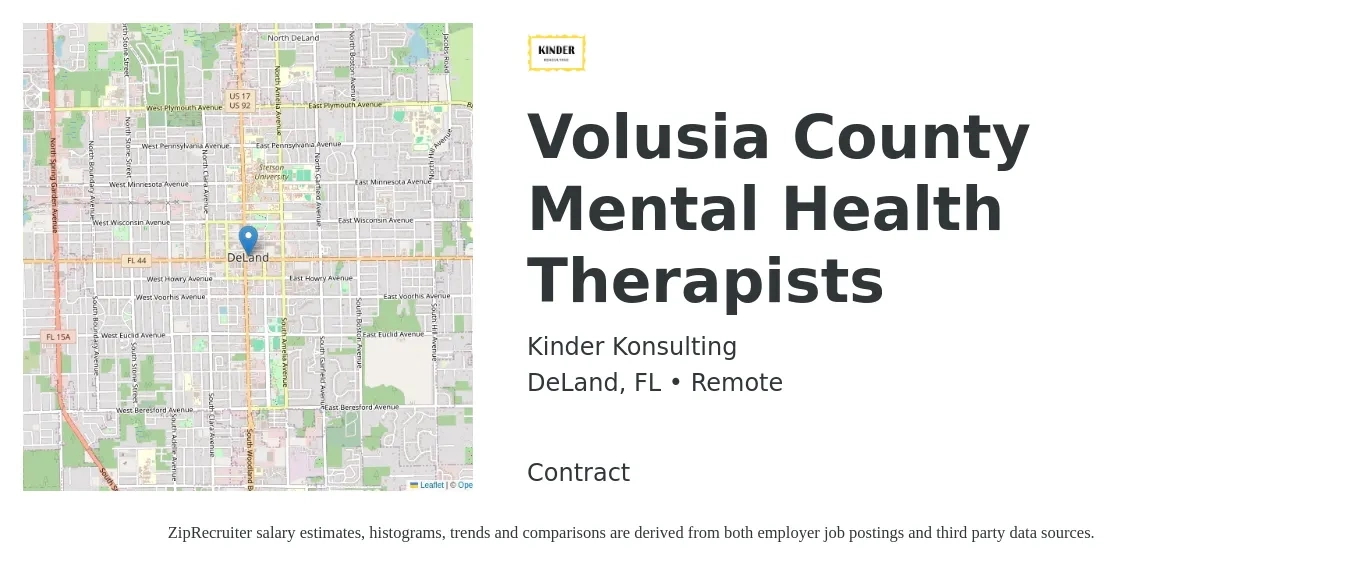 Kinder Konsulting job posting for a Volusia County Mental Health Therapists in DeLand, FL with a salary of $36 to $50 Hourly with a map of DeLand location.
