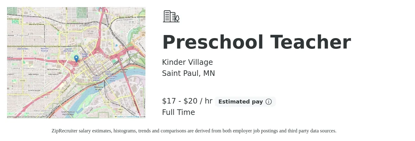 Kinder Village job posting for a Preschool Teacher in Saint Paul, MN with a salary of $18 to $21 Hourly with a map of Saint Paul location.