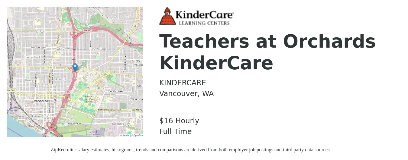 KINDERCARE job posting for a Teachers at Orchards KinderCare in Vancouver, WA with a salary of $17 Hourly with a map of Vancouver location.