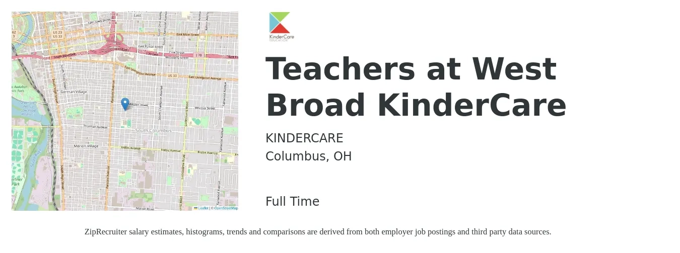 KINDERCARE job posting for a Teachers at West Broad KinderCare in Columbus, OH with a salary of $32,400 to $55,100 Yearly with a map of Columbus location.
