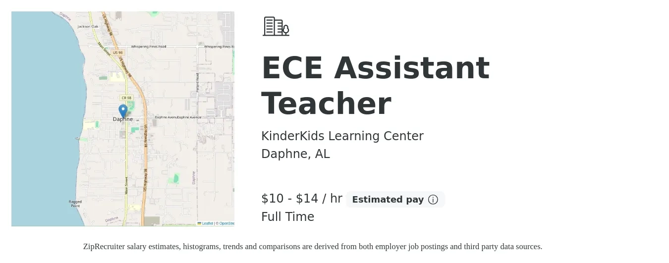KinderKids Learning Center job posting for a ECE Assistant Teacher in Daphne, AL with a salary of $11 to $15 Hourly with a map of Daphne location.