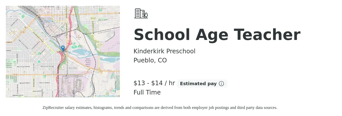 Kinderkirk Preschool job posting for a School Age Teacher in Pueblo, CO with a salary of $14 to $15 Hourly with a map of Pueblo location.