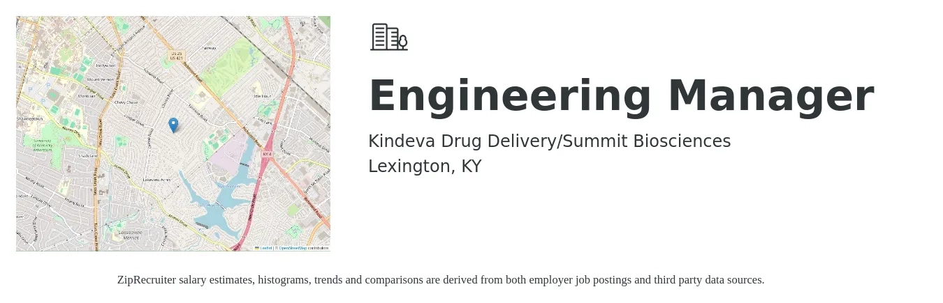 Kindeva Drug Delivery/Summit Biosciences job posting for a Engineering Manager in Lexington, KY with a salary of $115,800 to $171,900 Yearly with a map of Lexington location.