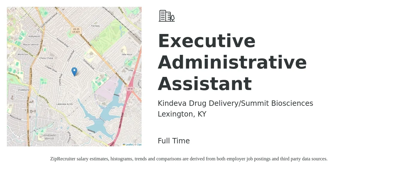 Kindeva Drug Delivery/Summit Biosciences job posting for a Executive Administrative Assistant in Lexington, KY with a salary of $23 to $36 Hourly with a map of Lexington location.