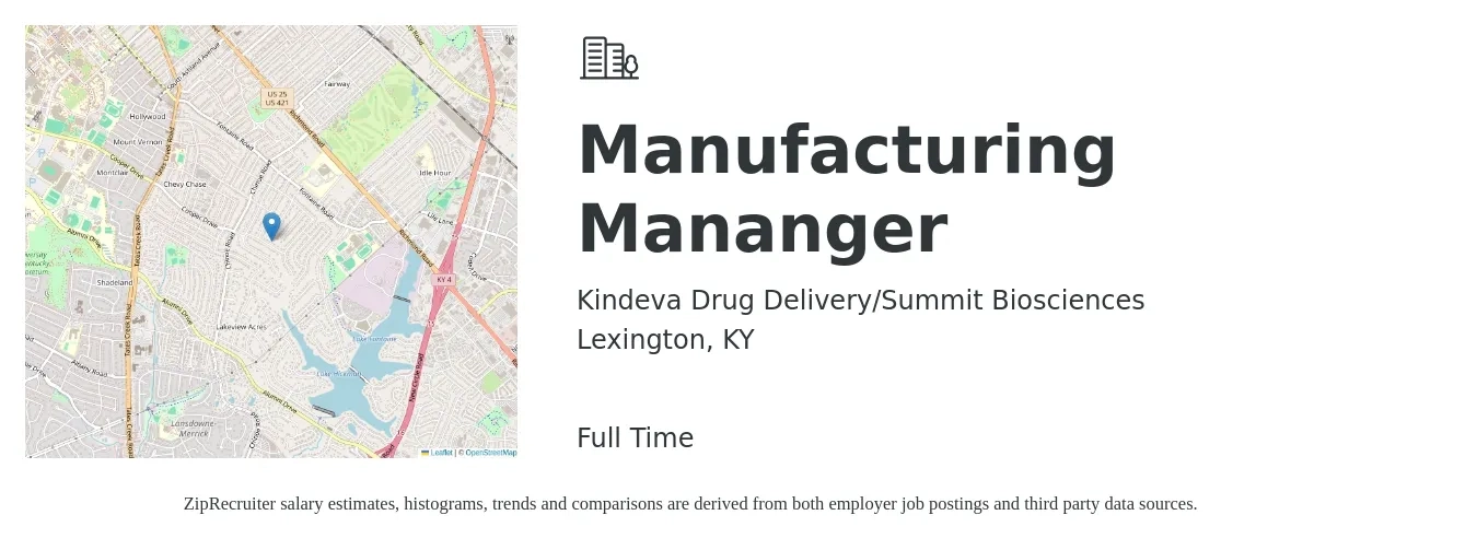 Kindeva Drug Delivery/Summit Biosciences job posting for a Manufacturing Mananger in Lexington, KY with a salary of $77,500 to $119,800 Yearly with a map of Lexington location.