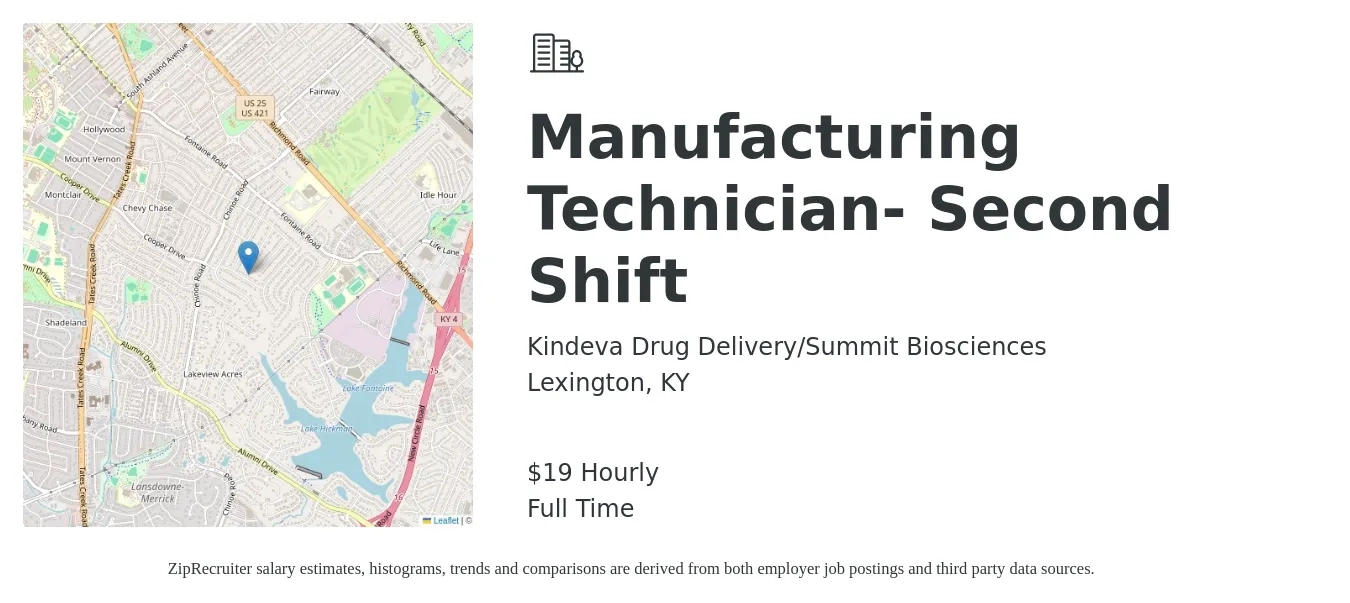 Kindeva Drug Delivery/Summit Biosciences job posting for a Manufacturing Technician- Second Shift in Lexington, KY with a salary of $20 Hourly with a map of Lexington location.