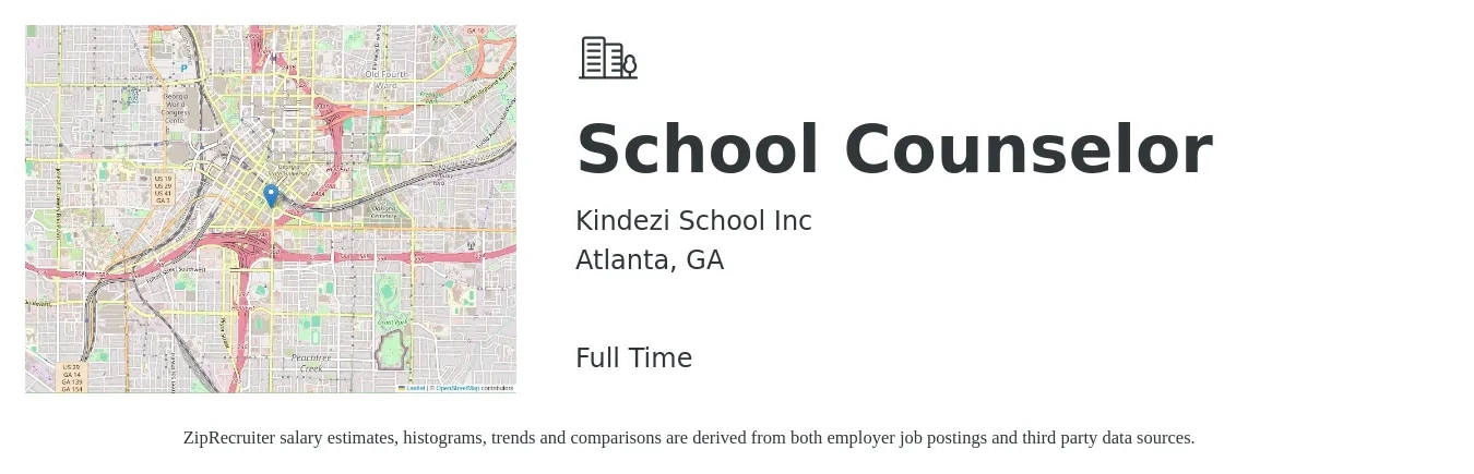 Kindezi School Inc job posting for a School Counselor in Atlanta, GA with a salary of $46,200 to $66,900 Yearly with a map of Atlanta location.