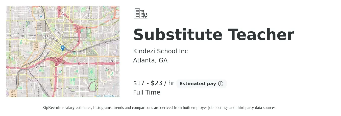 Kindezi School Inc job posting for a Substitute Teacher in Atlanta, GA with a salary of $18 to $24 Hourly with a map of Atlanta location.